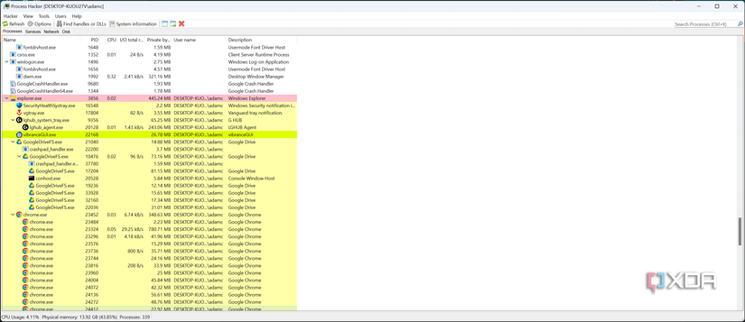 Process Hacker listing programs running on a Windows machine