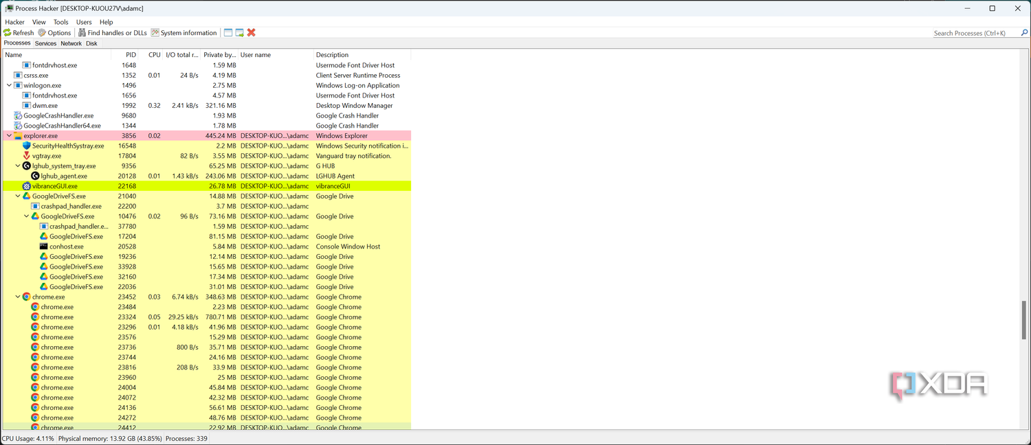 Process Hacker listing programs running on a Windows machine