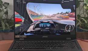 A photo of playing Forza Motorsport on the MSI Prestige 16 AI Evo laptop showing framerates at the top of the screen
