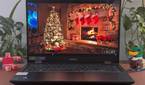 A photo of the display on the MSI Prestige 16 AI Evo showing a chrismtad scene with fireplace