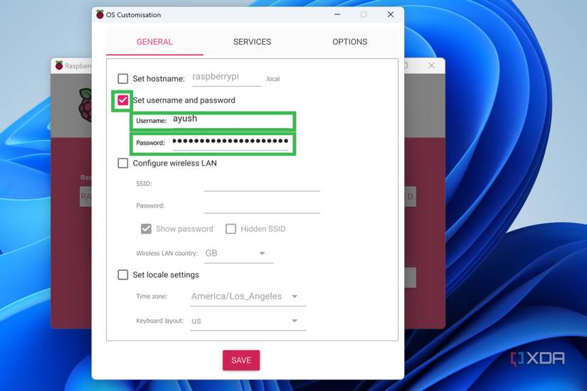 A screenshot of Raspberry Pi Imager highlighting the steps to enter the username and password