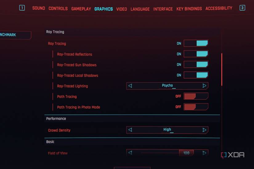 A screenshot showing the ray tracing settings in Cyberpunk 2077 grpahics settings screen.