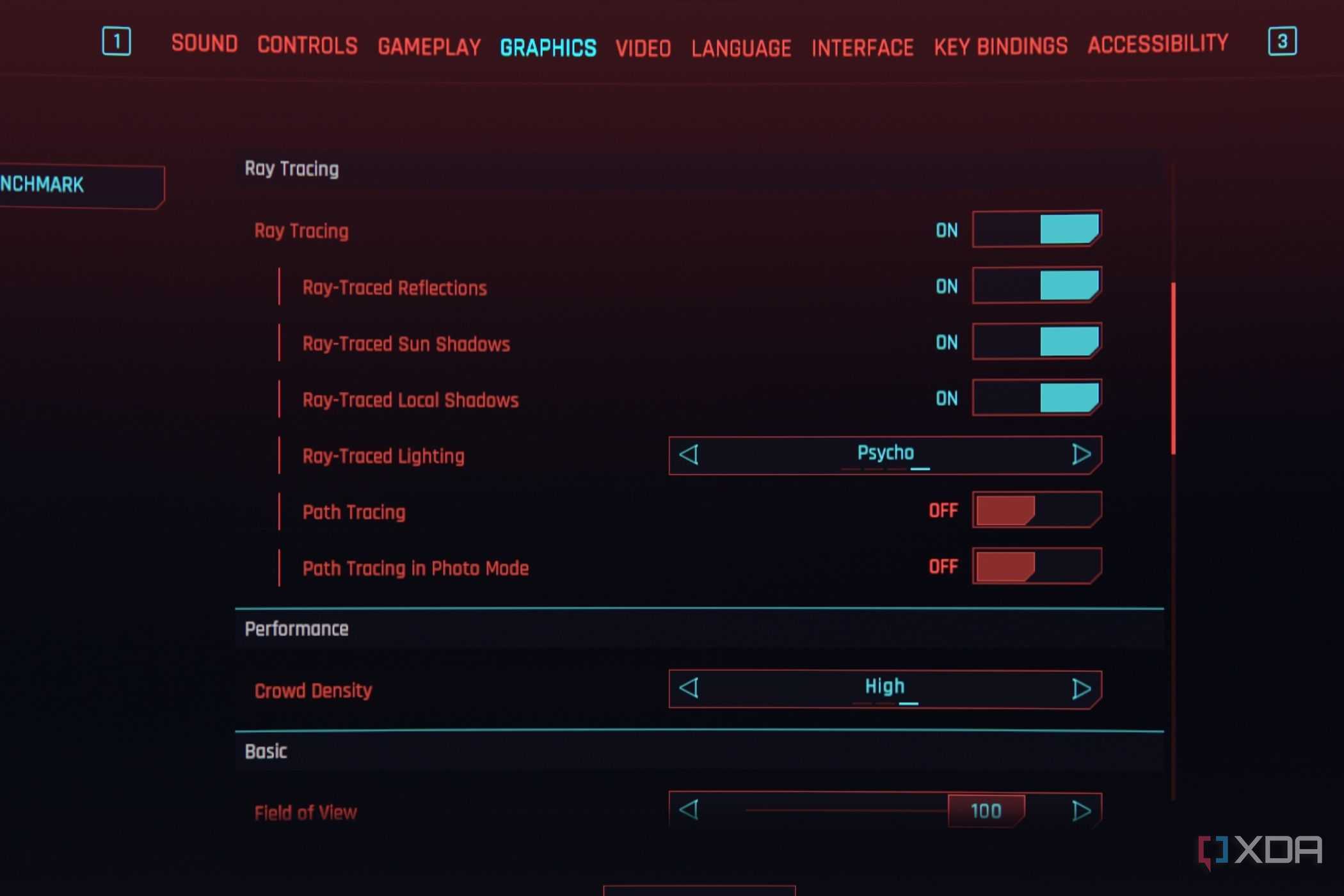 A screenshot showing the ray tracing settings in Cyberpunk 2077 grpahics settings screen.