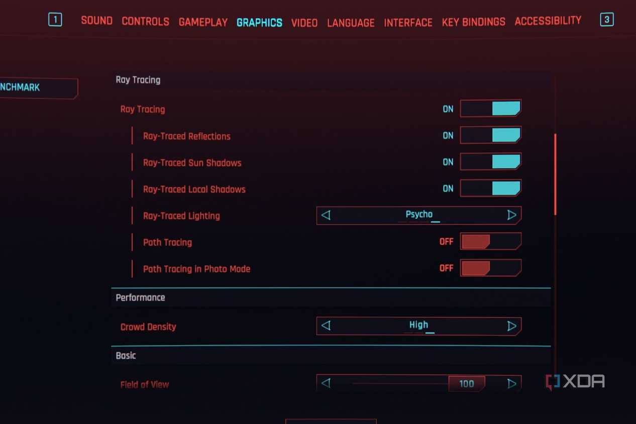 A screenshot showing the ray tracing settings in Cyberpunk 2077 grpahics settings screen.