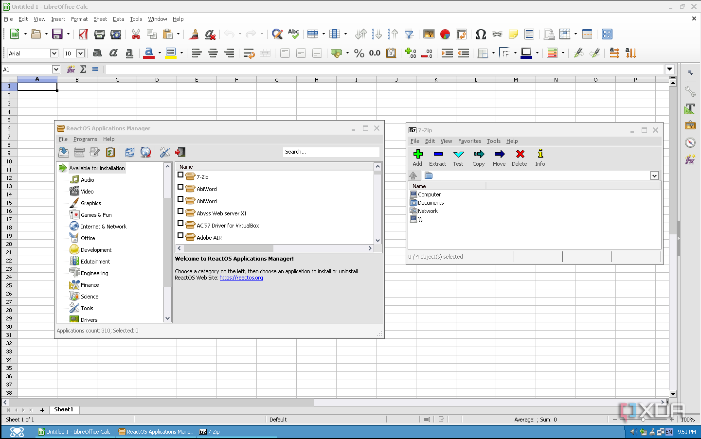 ReactOS Application Manager with LibreOffice Calc and 7-Zip
