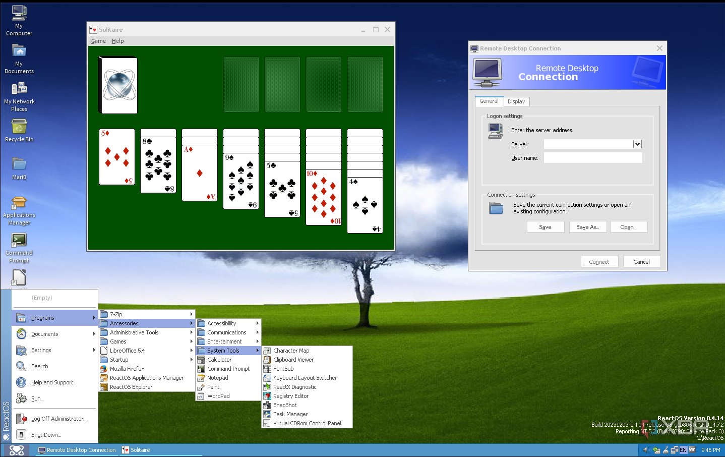 ReactOS desktop with an expanded start menu, with the RDP client and Solitaire running on background