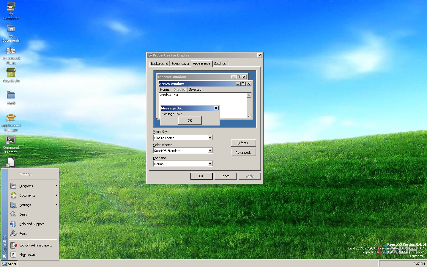 ReactOS desktop with the Classic theme