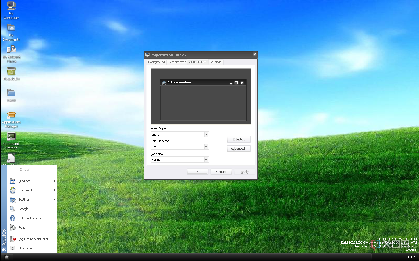 ReactOS desktop with the Lautus theme