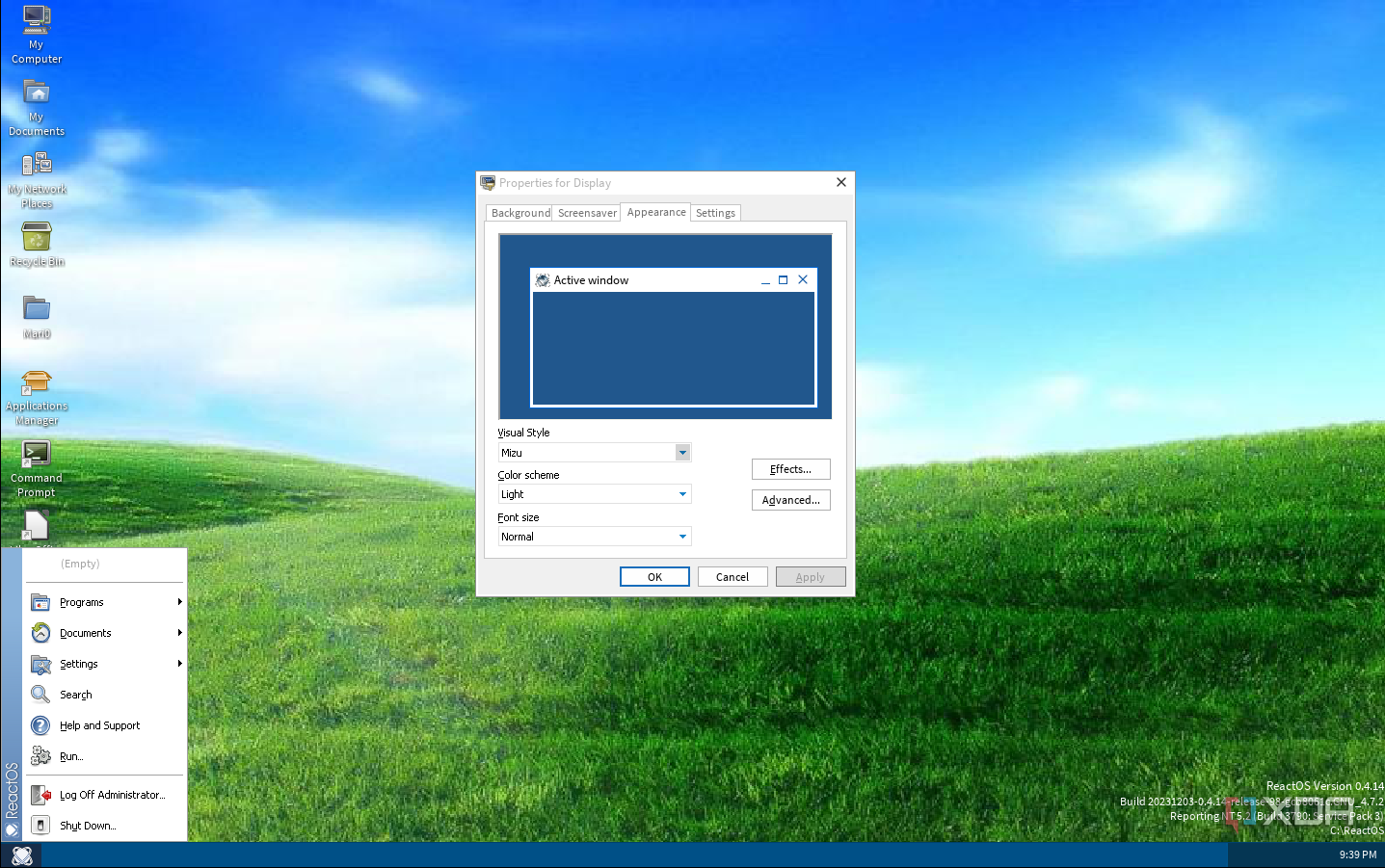 ReactOS desktop with the Mizu theme