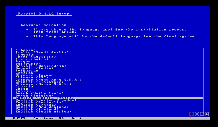 ReactOS Setup language selection