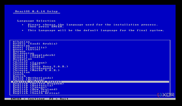 ReactOS Setup language selection