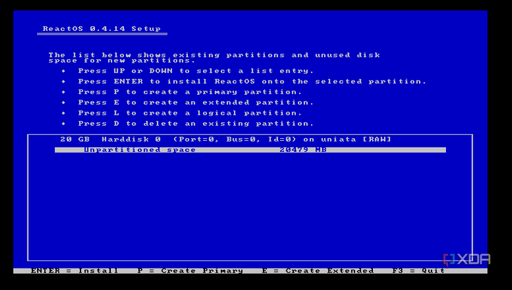 ReactOS Setup partitioning