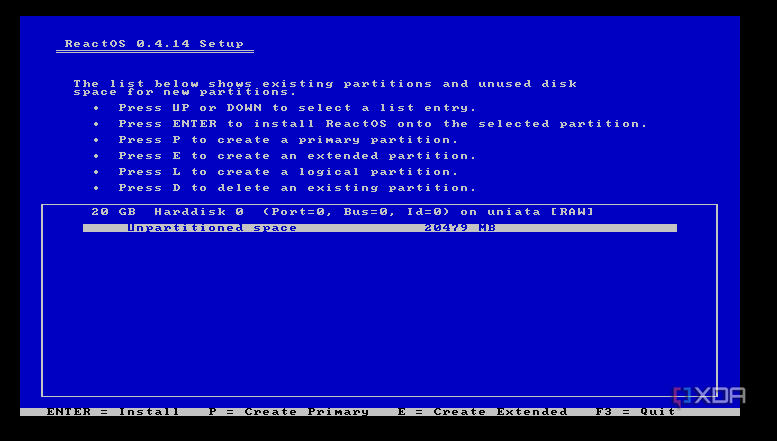 ReactOS Setup partitioning