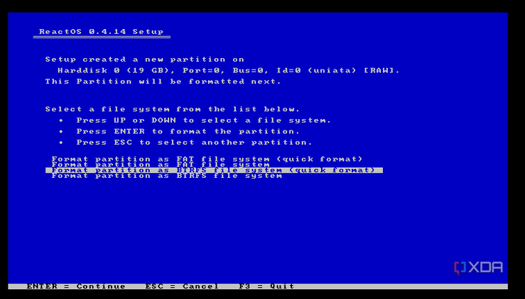 ReactOS Setup formatting
