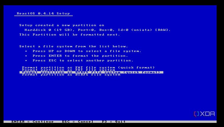 ReactOS Setup formatting