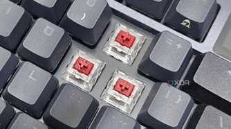 An image showing ASUS NX Red linear switches installed on an ROG Azoth keyboard.
