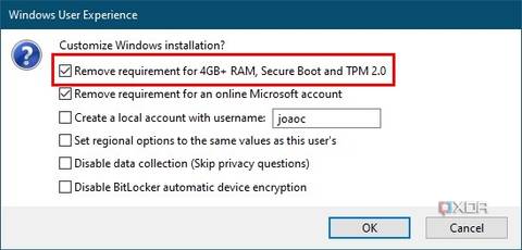 Screenshot of installation customization options in Rufus, with the requirements for 4GB of RAM, Secure Boot, and TPM 2.0 removed