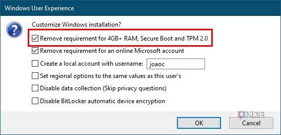 Screenshot of installation customization options in Rufus, with the requirements for 4GB of RAM, Secure Boot, and TPM 2.0 removed