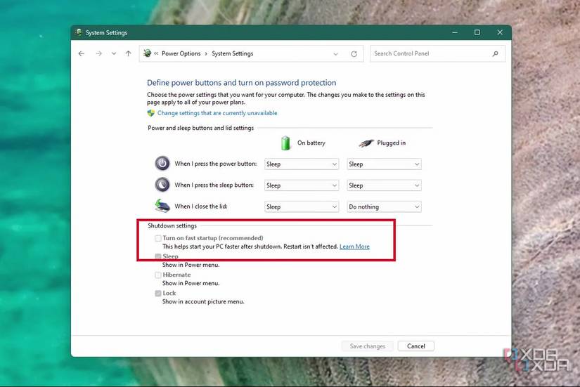 Windows power options fast startup disable screenshot