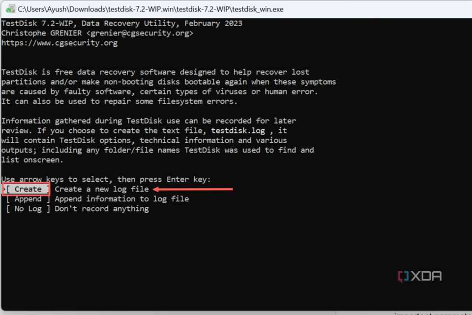 A screenshot of TestDisk with the Create option highlighted