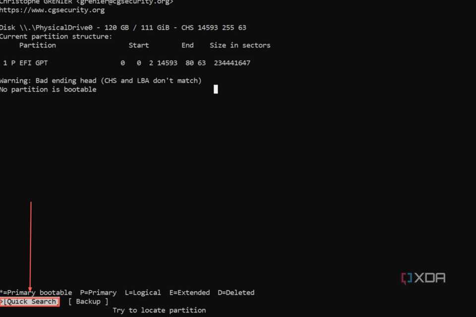 A screenshot of TestDisk with Quick Search highlighted