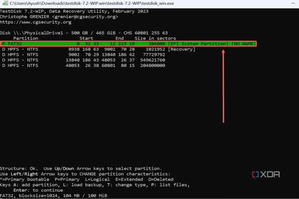 A screenshot of TestDisk with the drive partitions highlighted