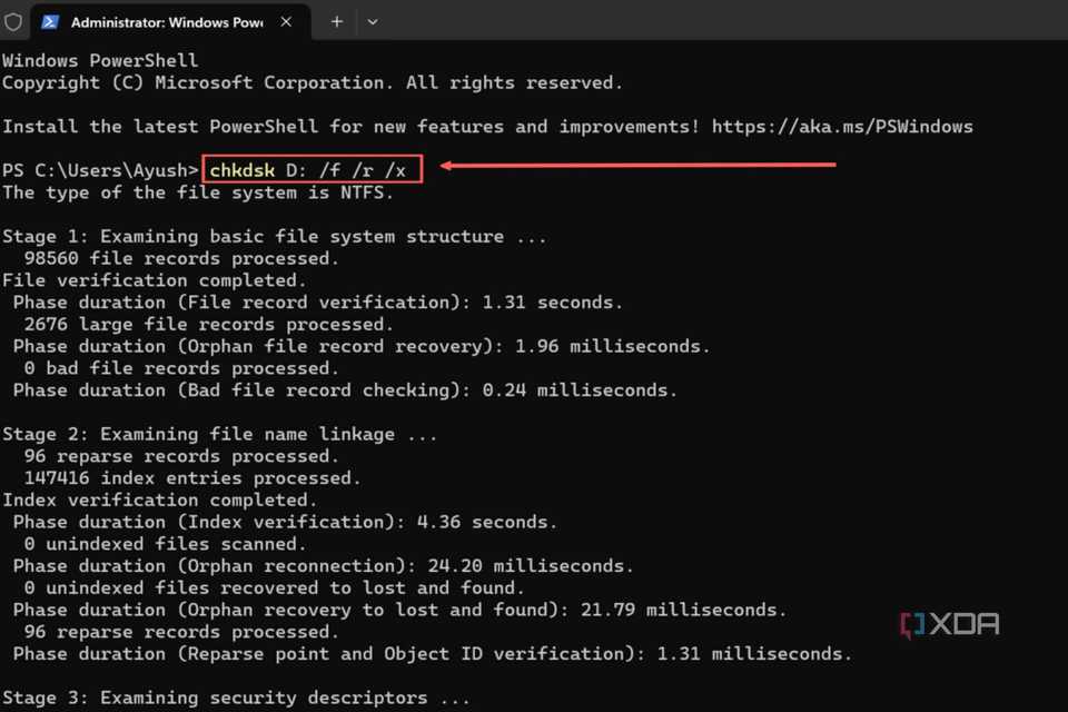 A screenshot of the Windows Terminal running the CHKDSK command