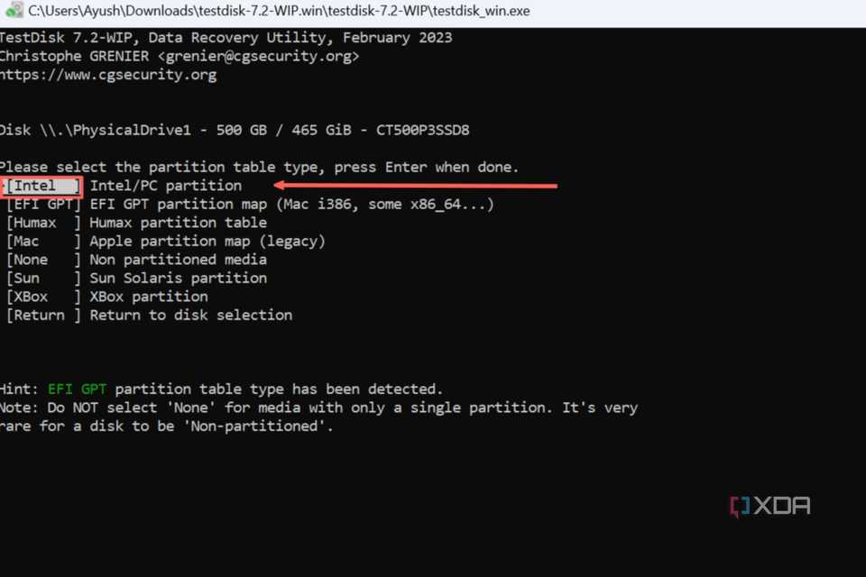 A screenshot of TestDisk with Intel selected