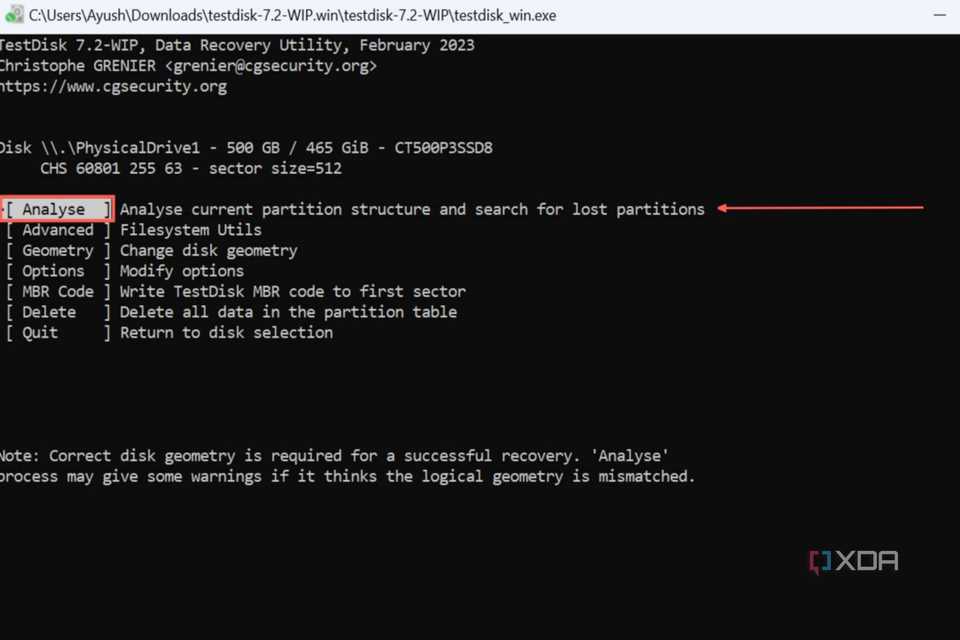 A screenshot of TestDisk with the Analyse option selected