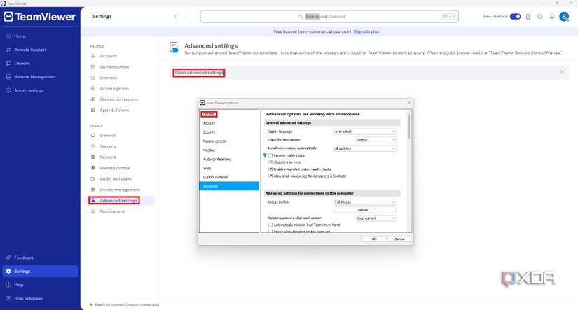 TeamViewer Settings and options menu