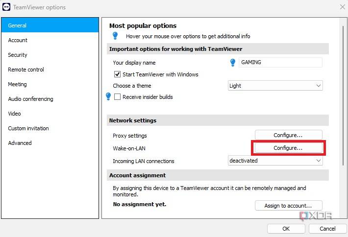 TeamViewer configure Wake on LAN in general settings