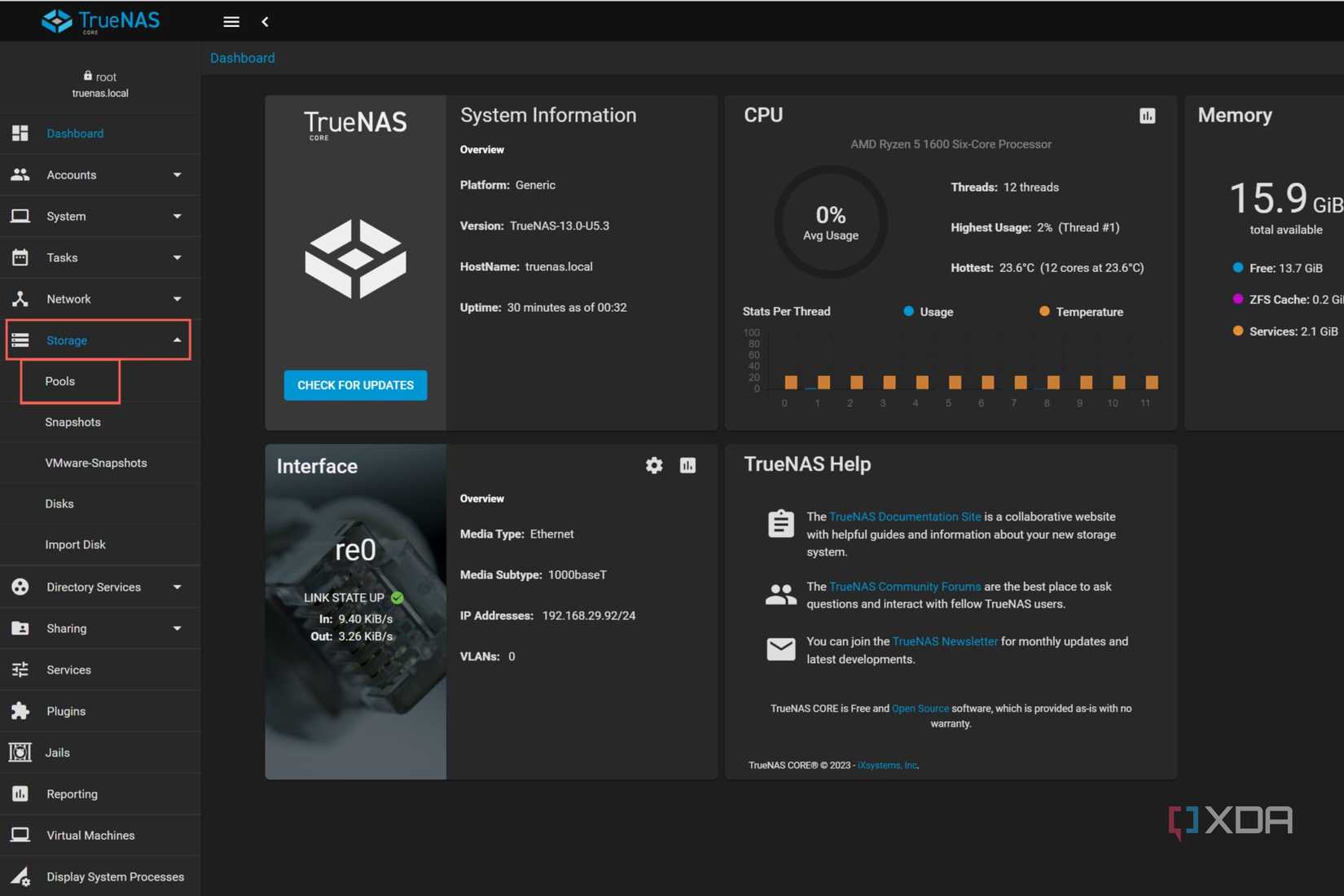 A screenshot of the TrueNAS interface with the Pools tab highlighted