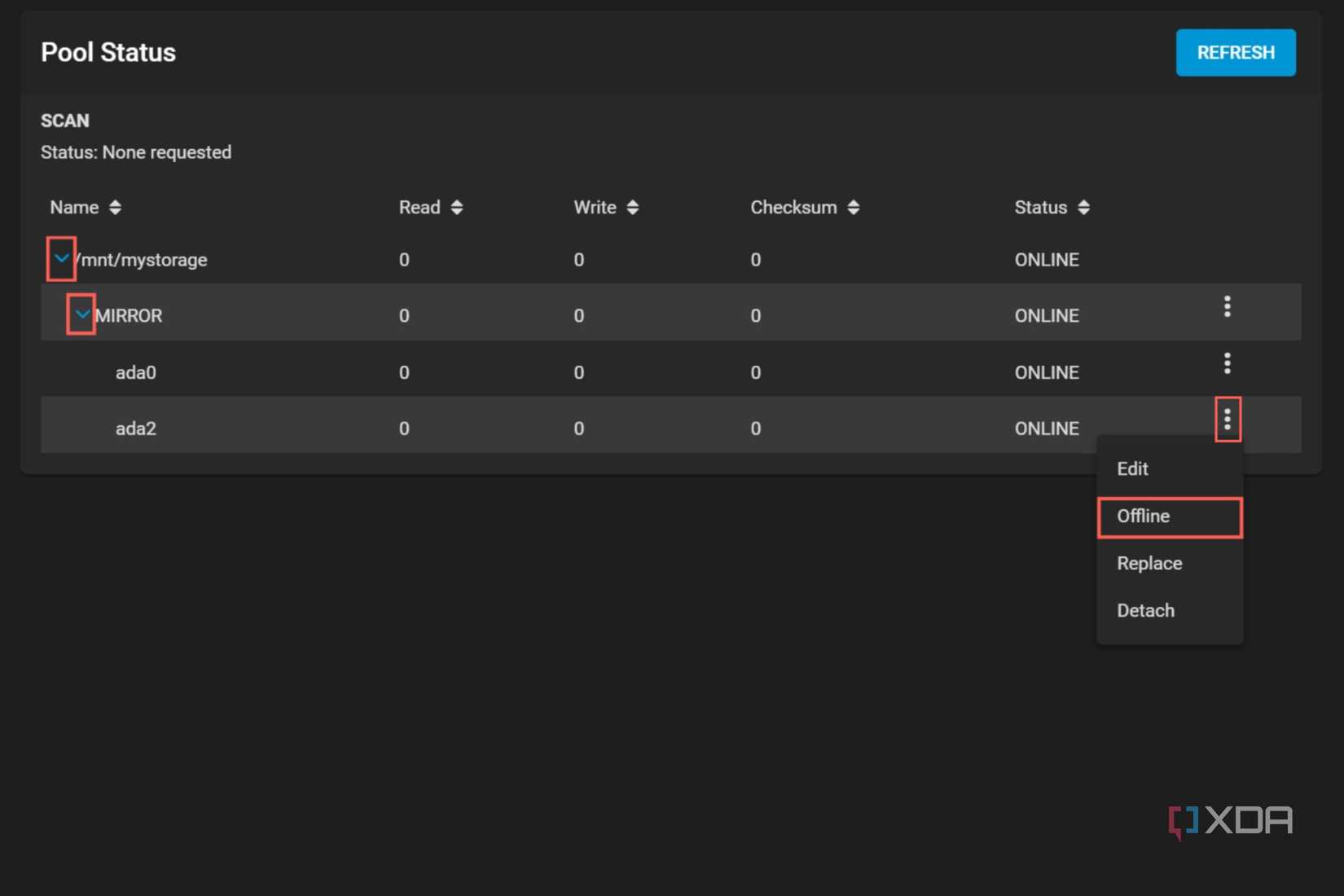 A screenshot illustrating the process to switch a drive offline in TrueNAS Core