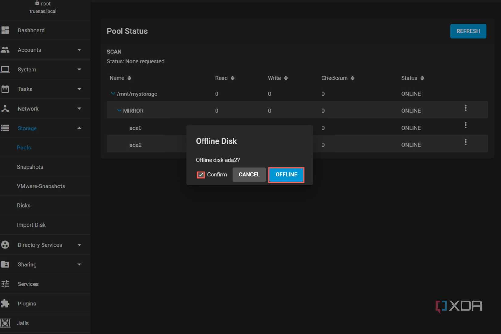 A screenshot of the TrueNAS Core interface the offline confirmation box highlighted 