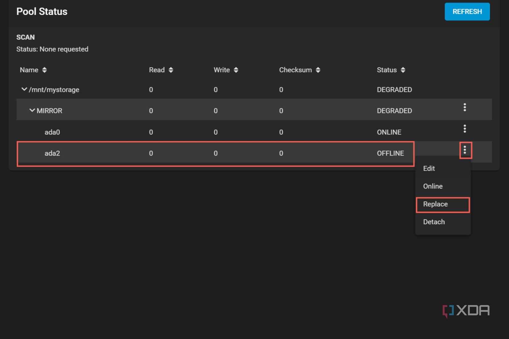 A screenshot of TrueNAS Core with the Replace option highlighted