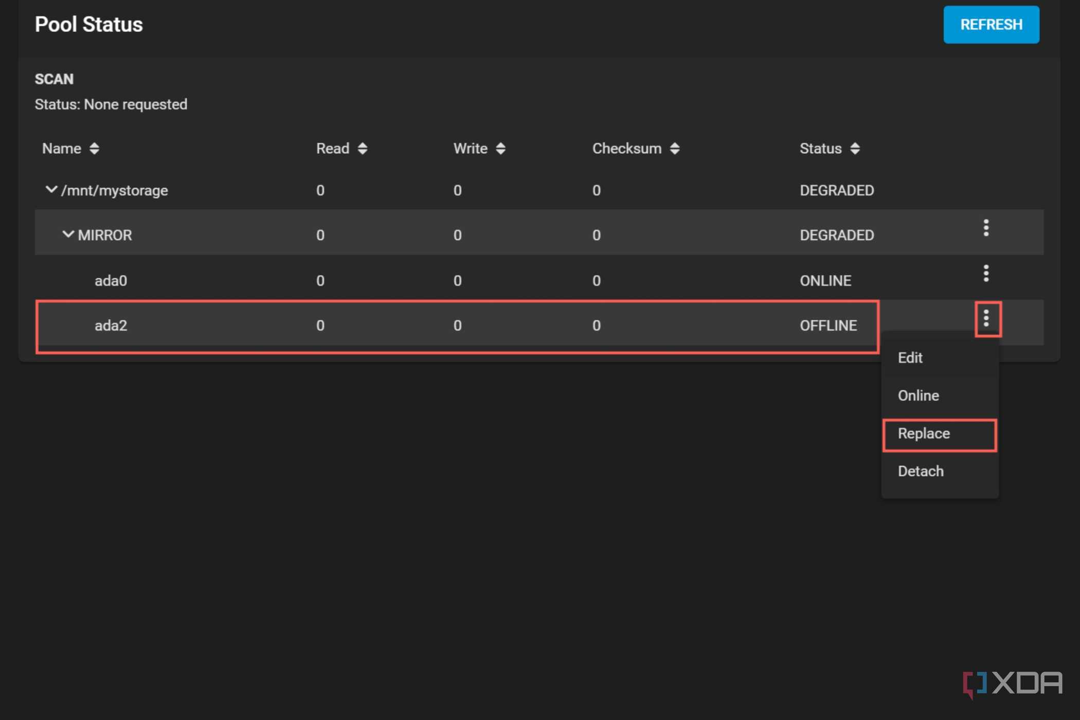 A screenshot of TrueNAS Core with the Replace option highlighted