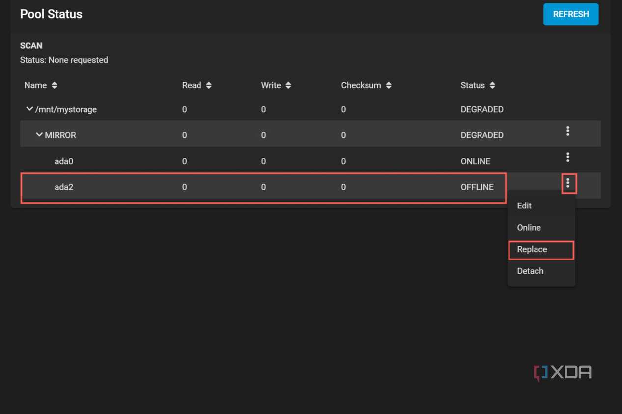 A screenshot of TrueNAS Core with the Replace option highlighted