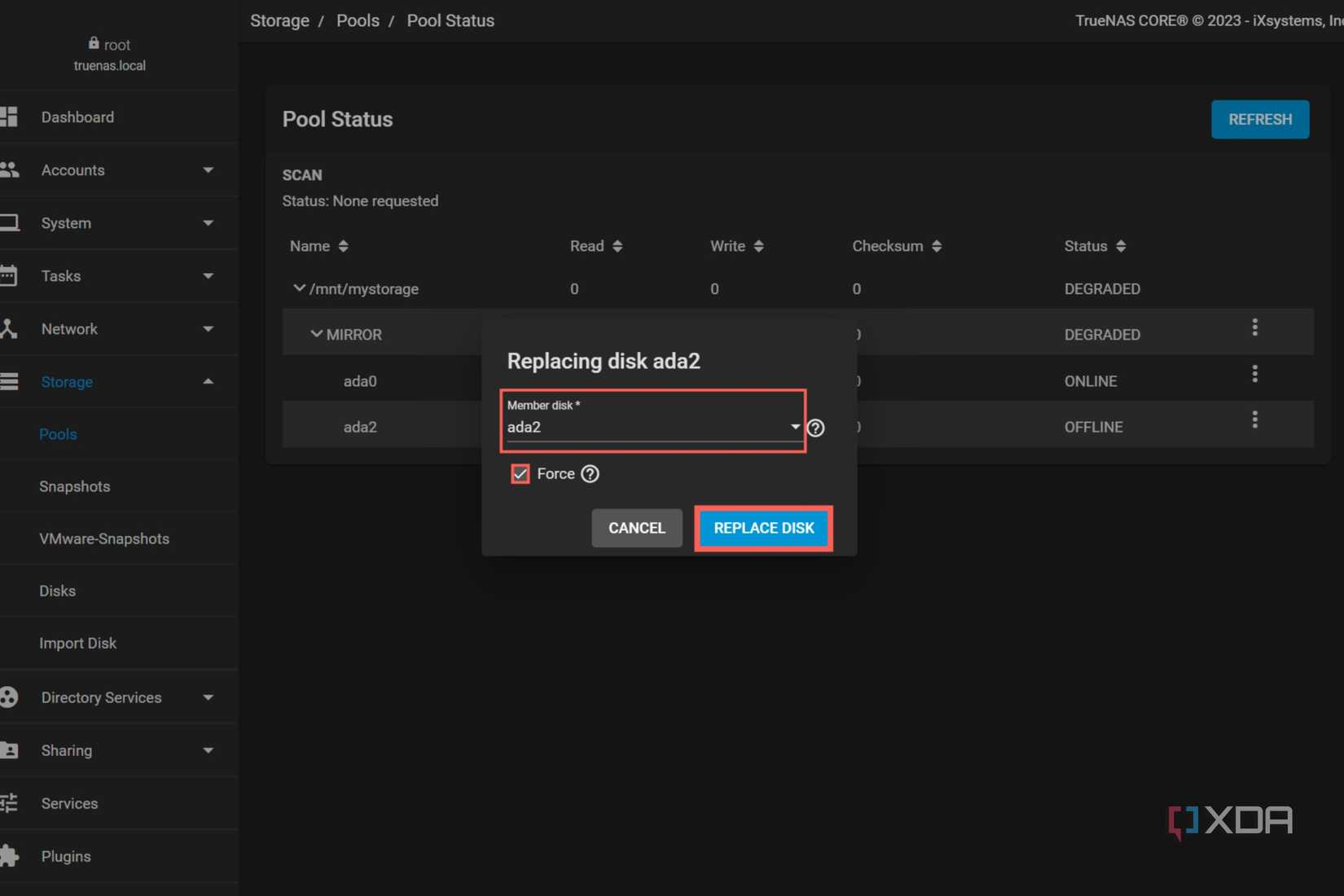 A screenshot of TrueNAS Core with the Replace Disk option highlighted