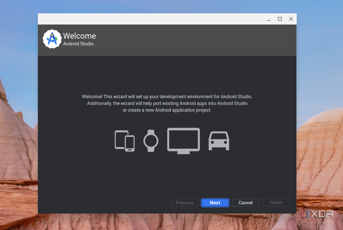 A screenshot of the welcome screen for Android Studio running on ChromeOS with options to choose how to develop apps
