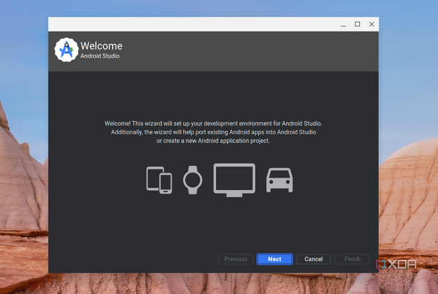 A screenshot of the welcome screen for Android Studio running on ChromeOS with options to choose how to develop apps