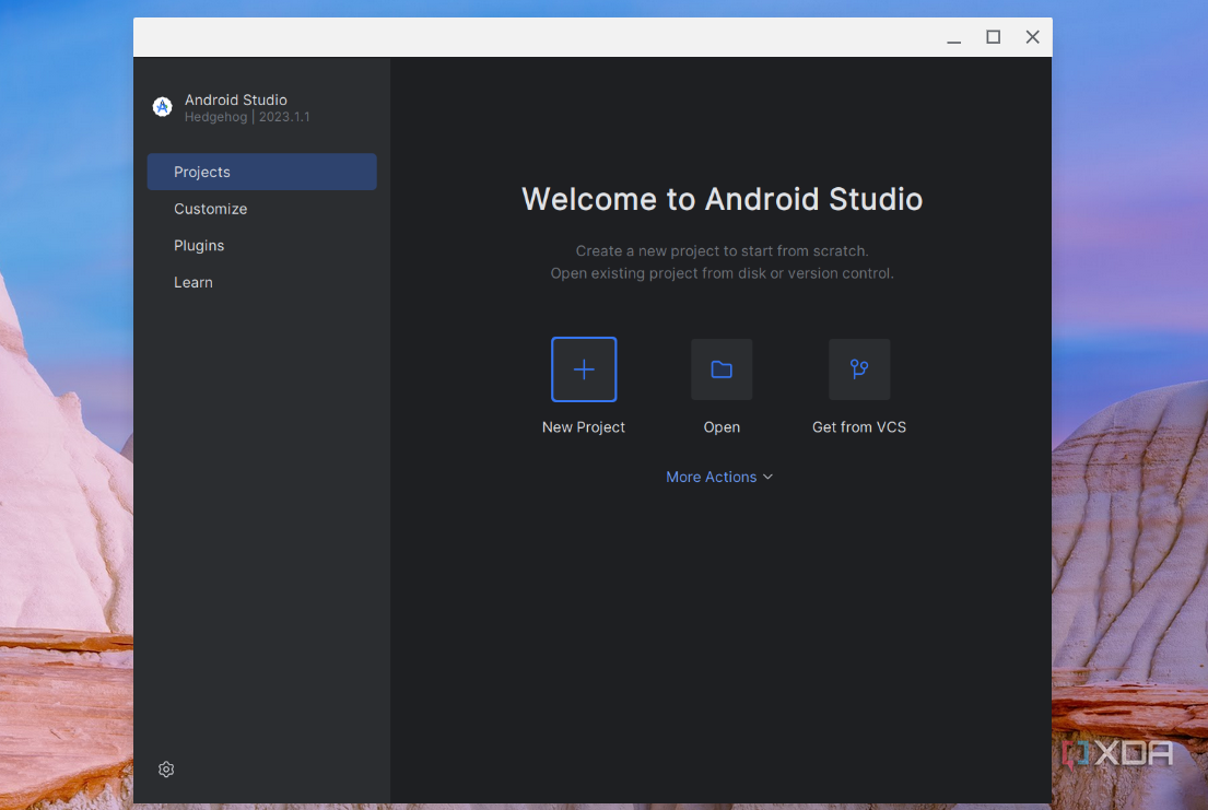 A screenshot of Android Studio running on ChromeOS with the option to creae a new project, customize the app, load plugins, or learn more