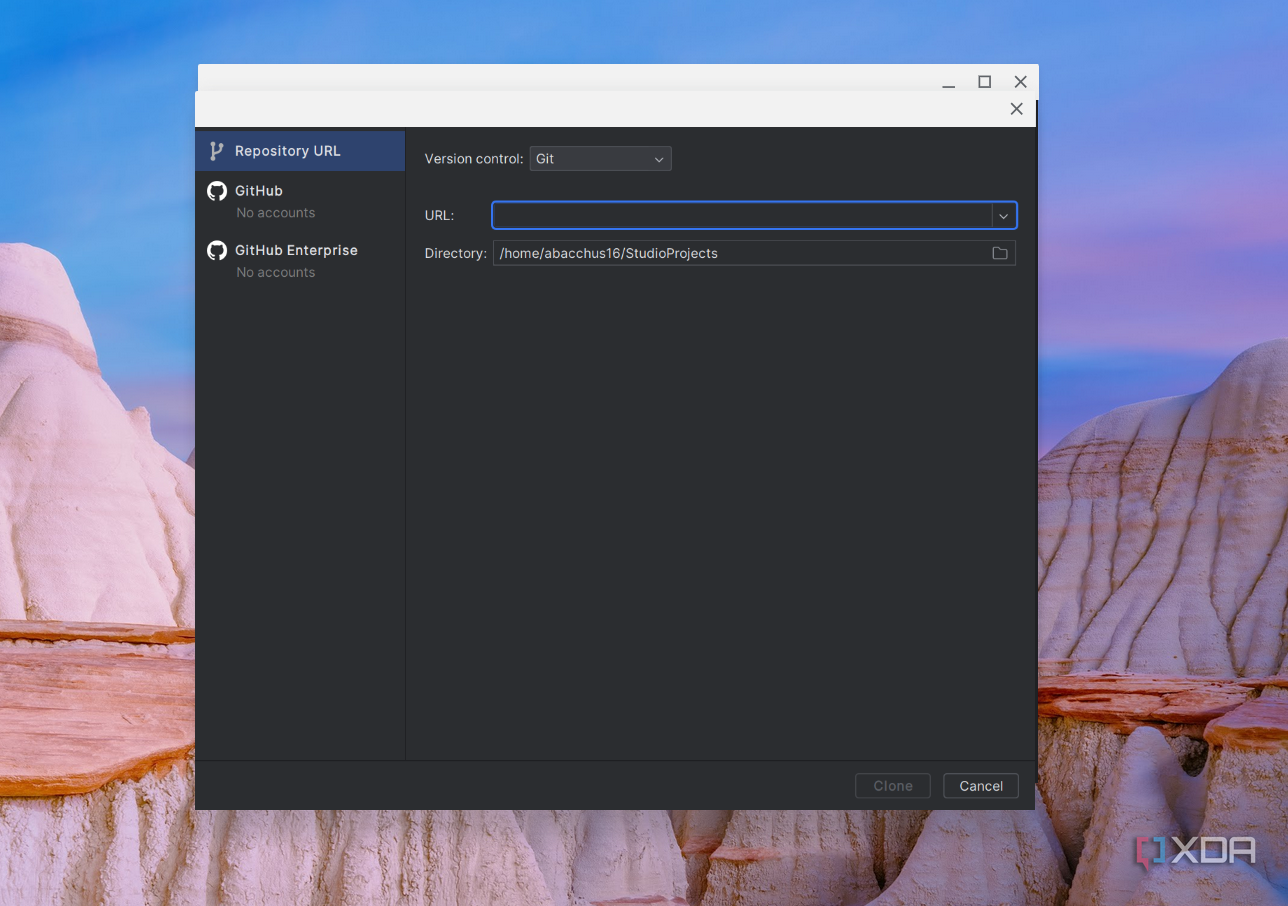 A screenshot of loading a repository from GitHub on the Android Studio app running on ChromeOS