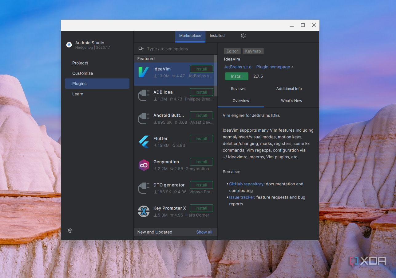 A screenshot of all the avaialble plugins including IdeaVIM and other plugins as seen on Android Studio in ChromeOS