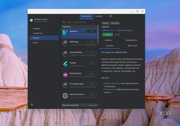 A screenshot of all the avaialble plugins including IdeaVIM and other plugins as seen on Android Studio in ChromeOS