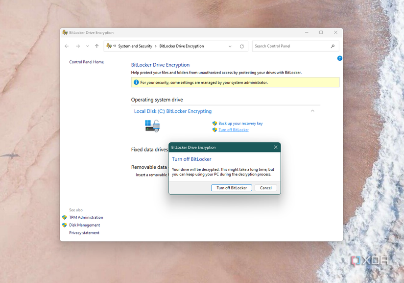 A screenshot of the option to turn off Bitlocker in Windows 11