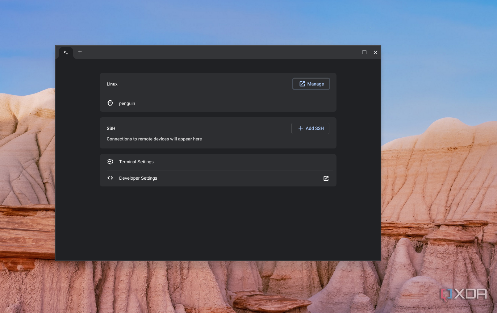 A sreenshot of the splash and launch screen for the penguin terminal lancher on ChromeOS