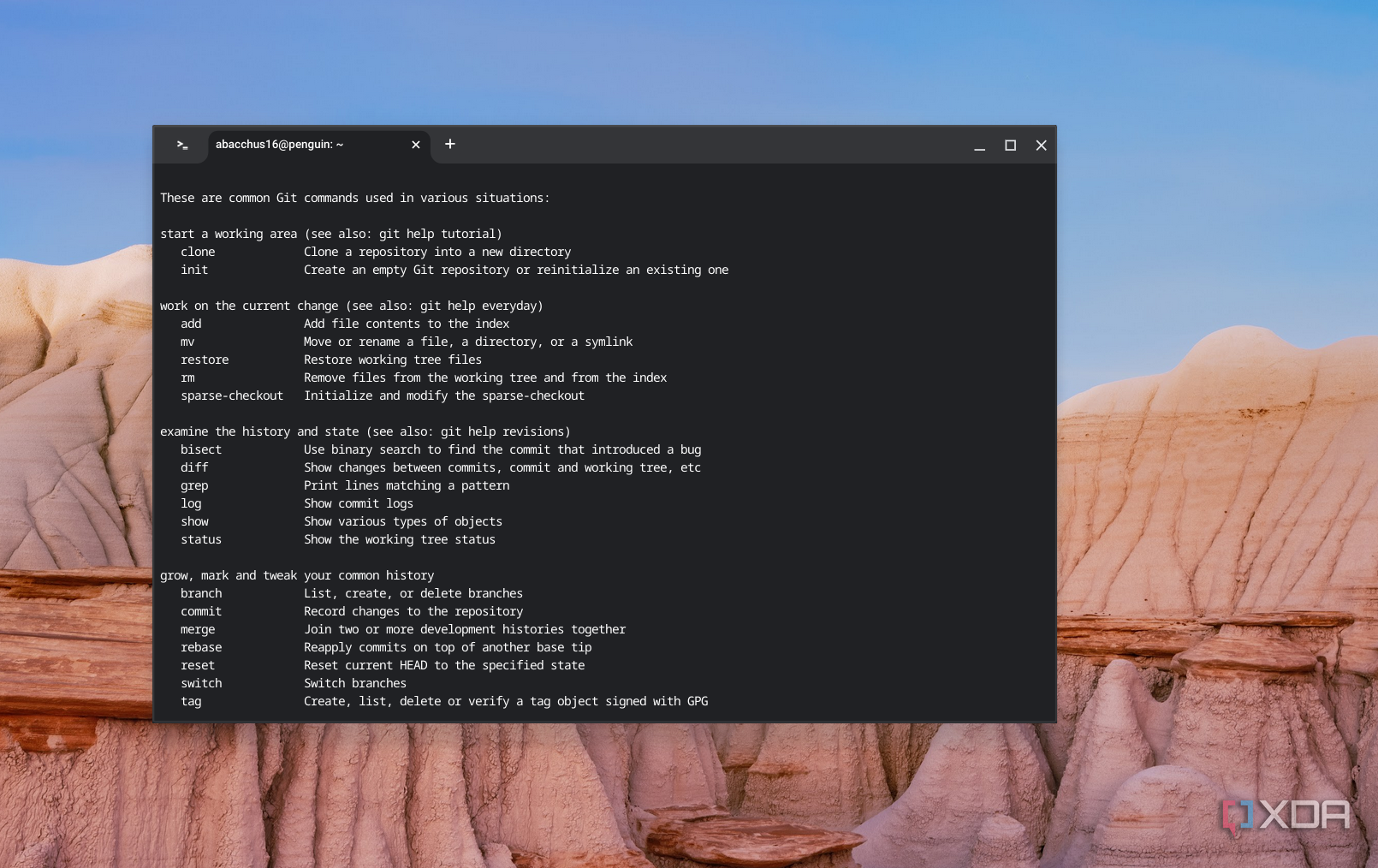 A screenshot of Git running on ChromeOS explaining the most common Git commands