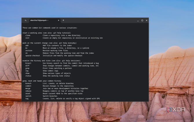A screenshot of Git running on ChromeOS explaining the most common Git commands