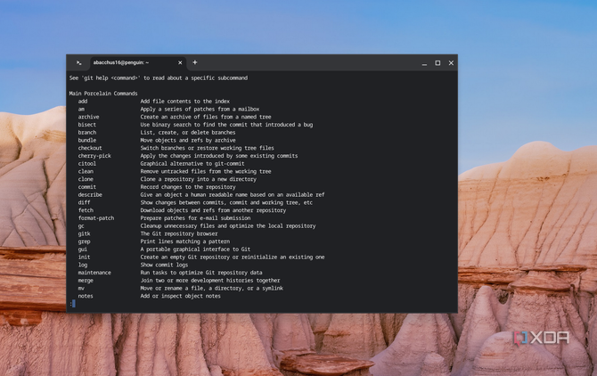 A screenshot of Git running on ChromeOS showing the main porcelain commands that can be used with Git on ChromeOS