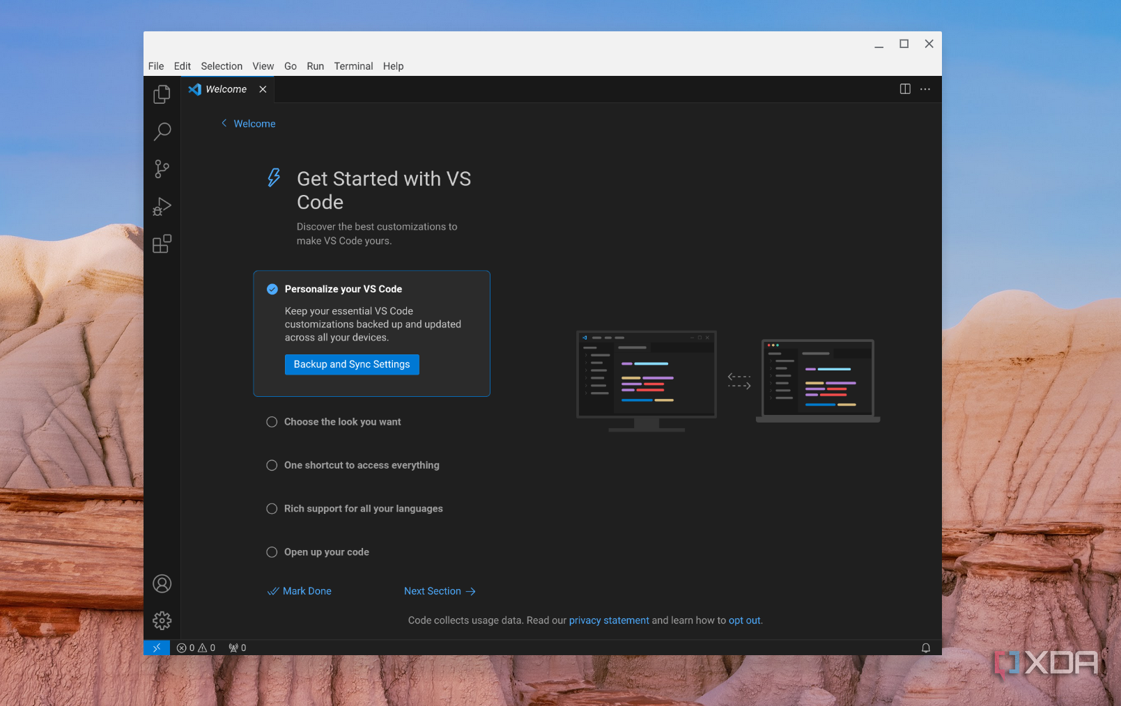 A screenshot of the get started page for Visual Studio Code on ChromeOS showing to personalize the experience